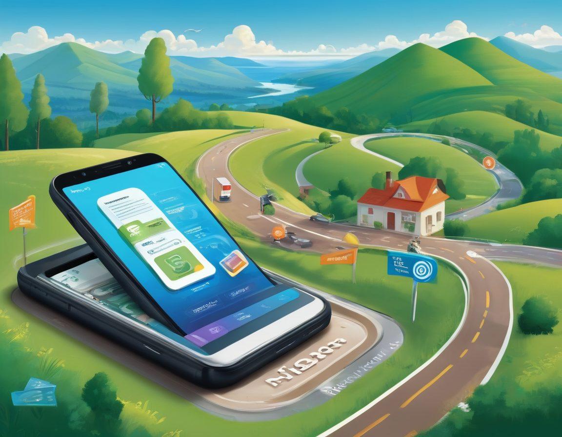 A vibrant illustration of a smartphone displaying various budget-friendly TracFone plans, surrounded by floating currency symbols and savings icons. In the background, a scenic wireless journey represented by a winding road with diverse landscapes, showcasing the freedom and flexibility of budget-conscious options. Bright and cheerful colors to evoke a sense of empowerment and smart savings. vector art. vibrant colors.